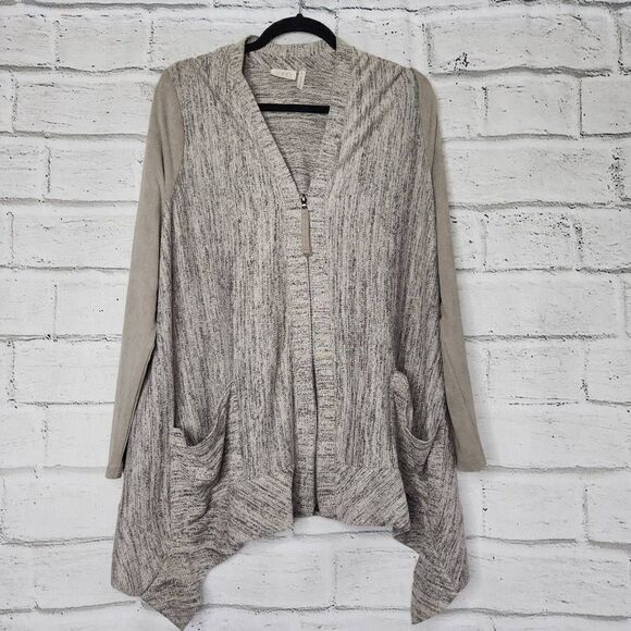 LOGO by Lori Goldstein Faux Suede Sleeve Full Zip Cardigan Tan Womens Medium - Picture 1 of 13